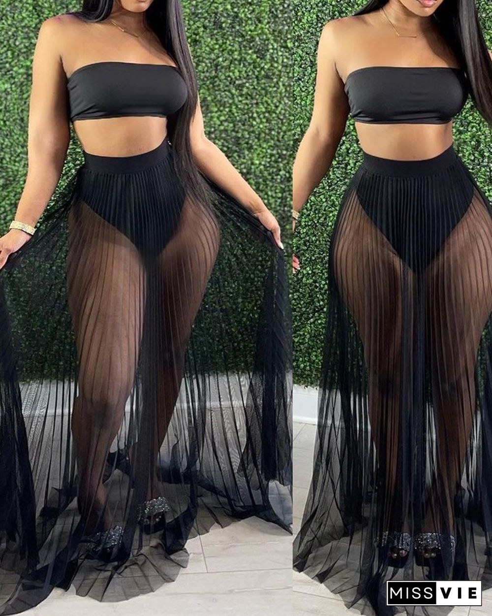 Bandeau Top & Sheer Mesh Ruched Skirt Set