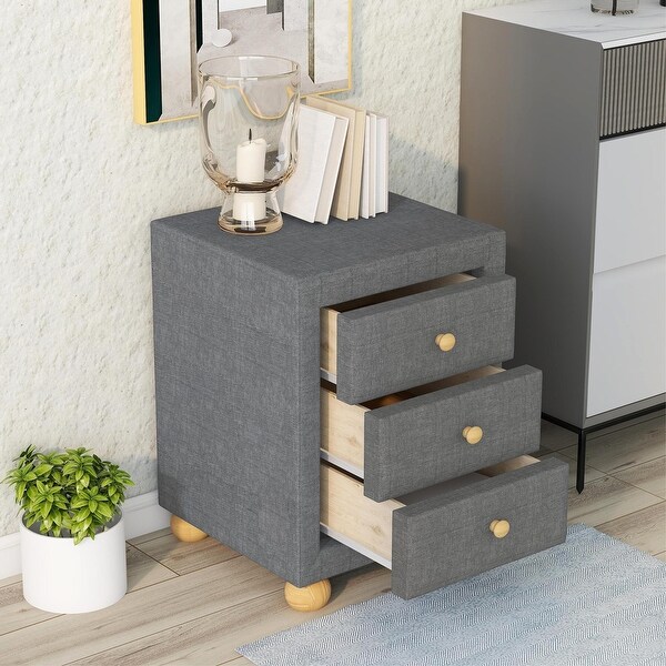 Upholstered Storage Nightstand with 3 Drawers and Natural Wood Knobs - - 36389189