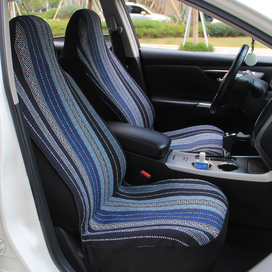 Copap Blue Stripe Car Seat Covers Multi-Color Baja Saddle Blanket Weave Bucket Seat Cover Fit for Sedan Cars and Vans with 15