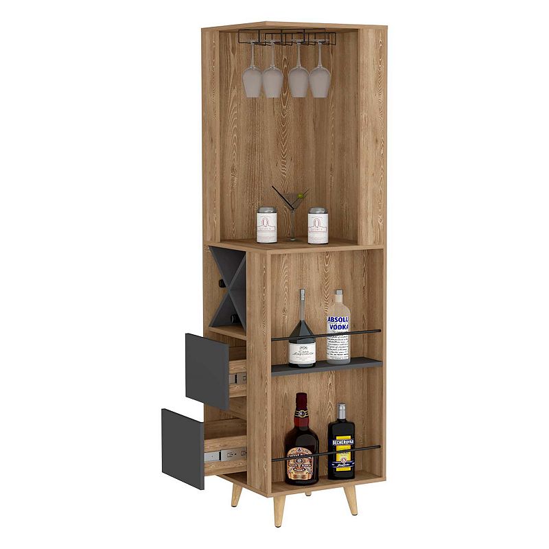 Ziton Corner Bar Cabinet， Two External Shelves， Two Drawers， Four Wine Compartments