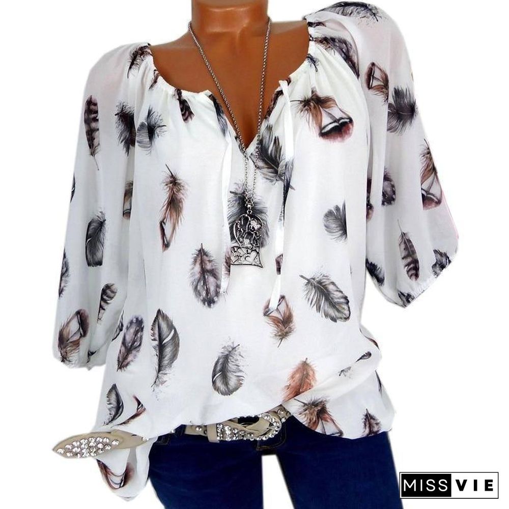 Fashion Women's Blouses Summer Tops Casual Blouse White Loose Feather Print V Neck Half Sleeve Shirts Blusas 5XL Plus Large Size