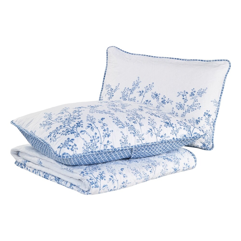 Laura Ashley Flora Cotton Reversible Blue Quilt Set