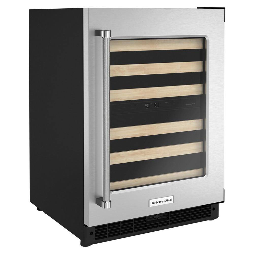 KitchenAid 24 in. Dual Zone 46- Bottle Built-In Undercounter Wine Cooler in Black Cabinet with Stainless Door KUWR214KSB