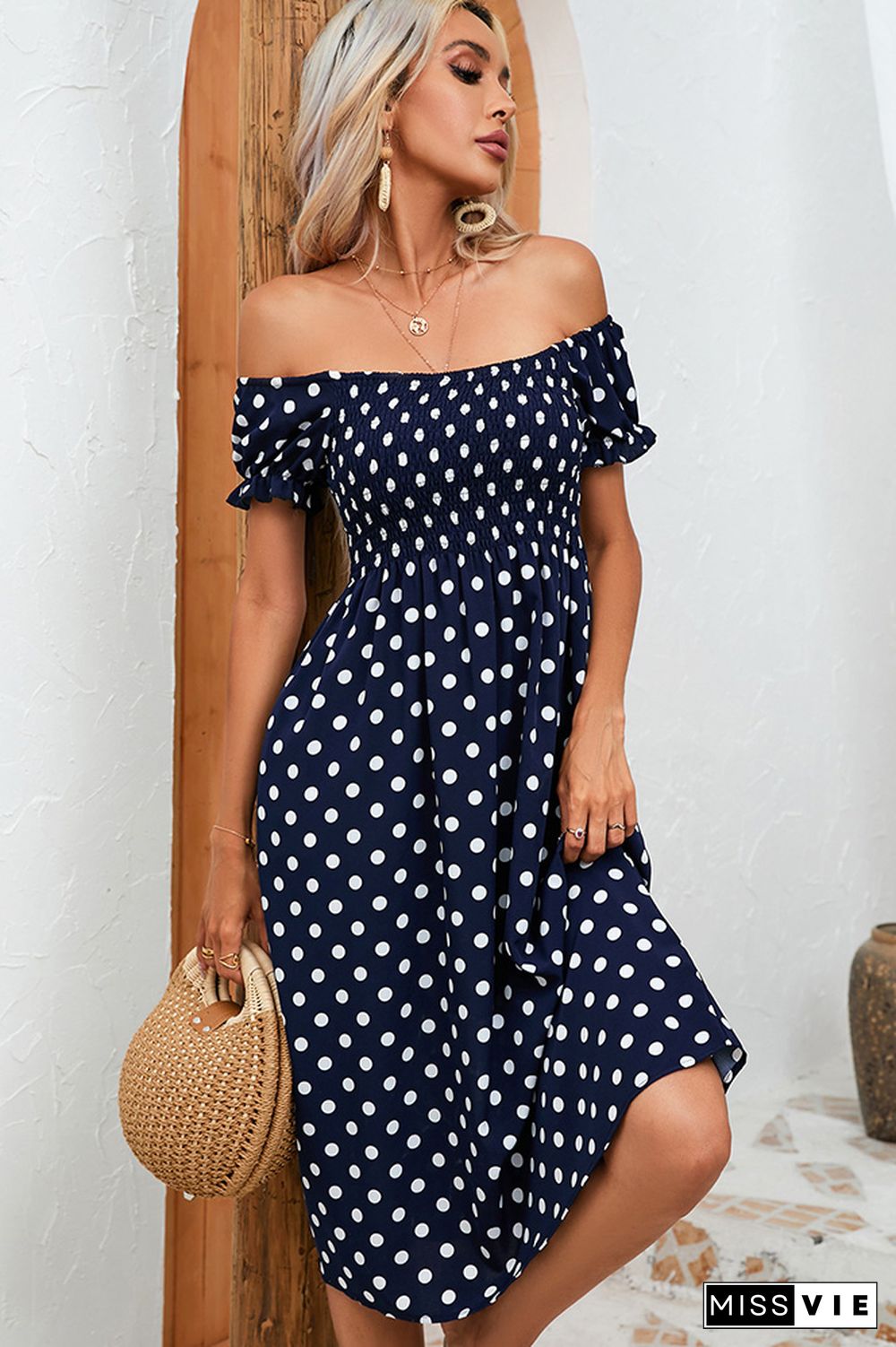 Smocked Off Shoulder Printed Midi Dress