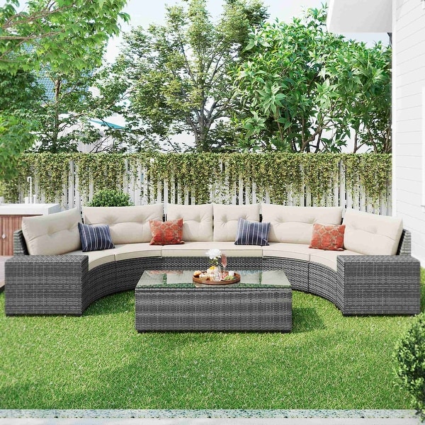 8pieces Outdoor Wicker Round Sofa Set，HalfMoon Sectional Sets All Weather，Curved Sofa Set With Rectangular Coffee Table