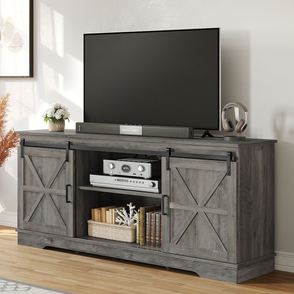 Farmhouse Wood TV Stand 59 inch Sliding Barn Door Entertainment Center for TV up tp 65\