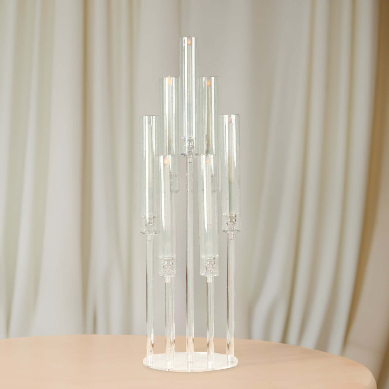 7 Arm Clear Acrylic Cluster Round Taper Candle Holder Candelabra, Pillar Candle Stick Stand With Circular Base - 33