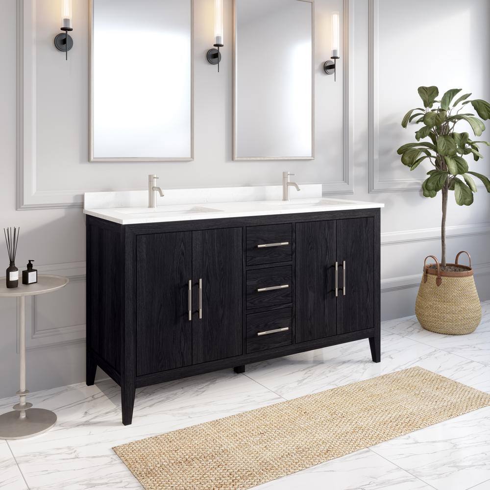 ART BATHE Vienna 60 in. W x 22 in. D Bath Vanity in Espresso Diamond Quartz Top with White Sink Power Bar and Drawer Organizer VA60ES