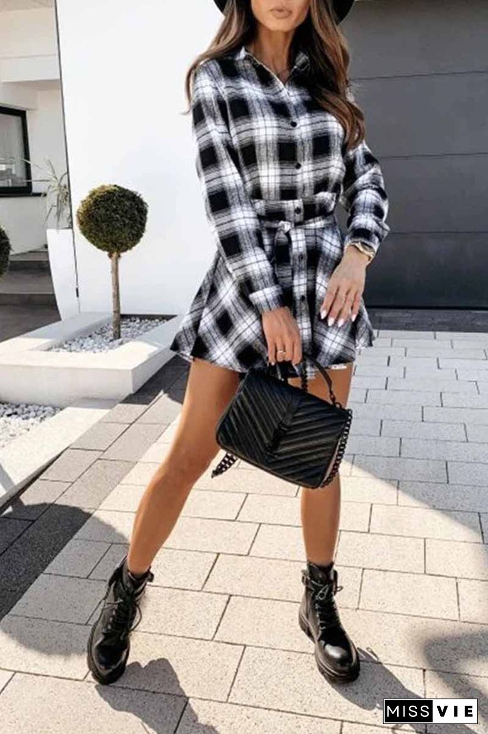 Long Sleeve Plaid Shirt Mini Dress