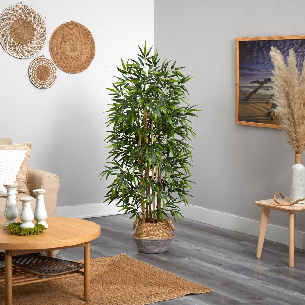 Nearly Natural 64 in. Green Bamboo Artificial Tree Natural Bamboo Trunks in Boho Chic Handmade Cotton and Jute Gray Woven Planter T2889