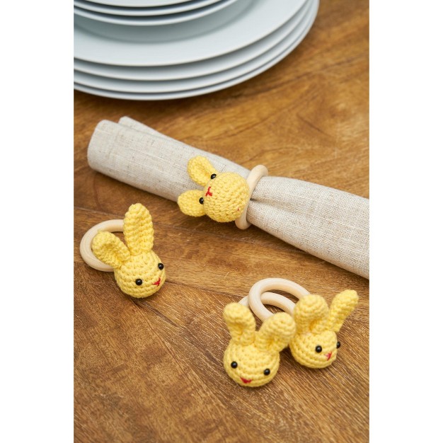 C amp f Home Yellow Knitted Bunny Napkin Ring Set Of 4