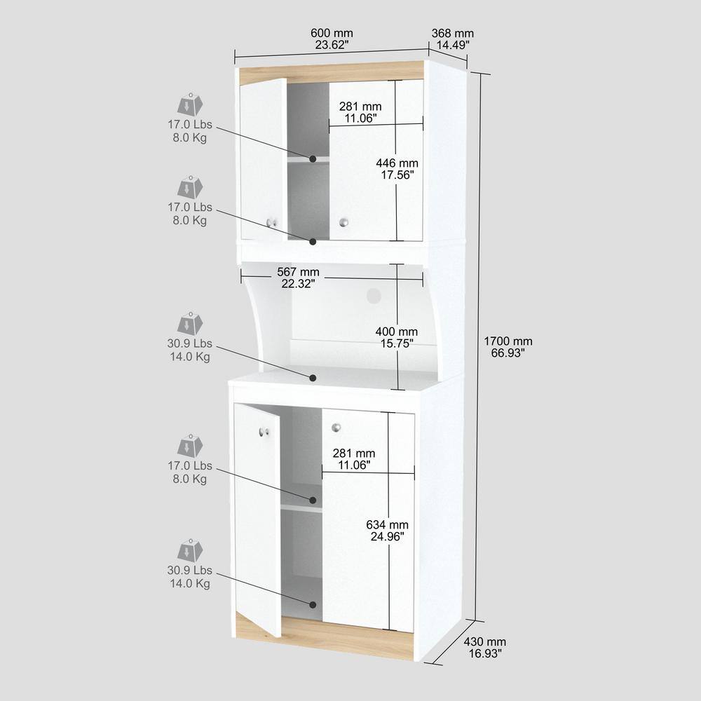 inval america LLC Galley Ready to Assemble 23.6 in. W x 16.9 in. D x 67 in. H Microwave Storage Utility Cabinet in White and Vienes Oak AL-3513