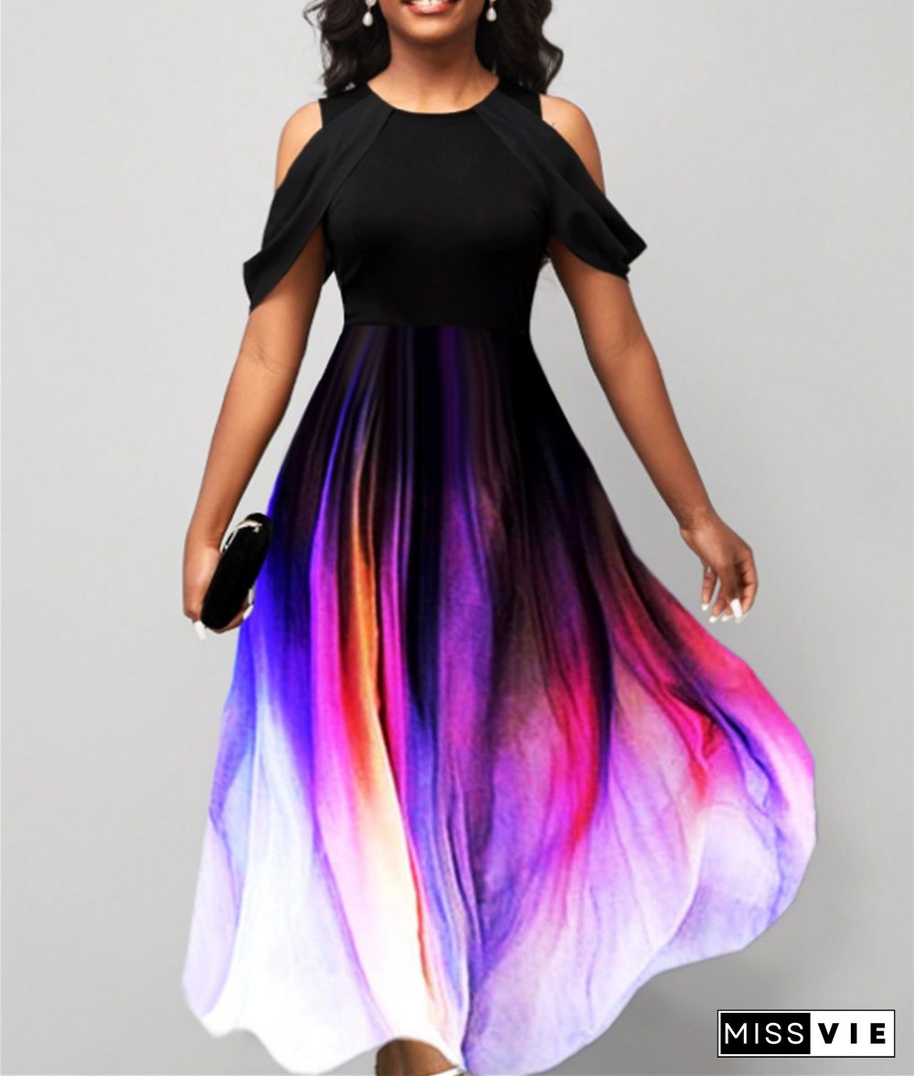 Gradient Printed Off Shoulder Short Sleeve Dresses