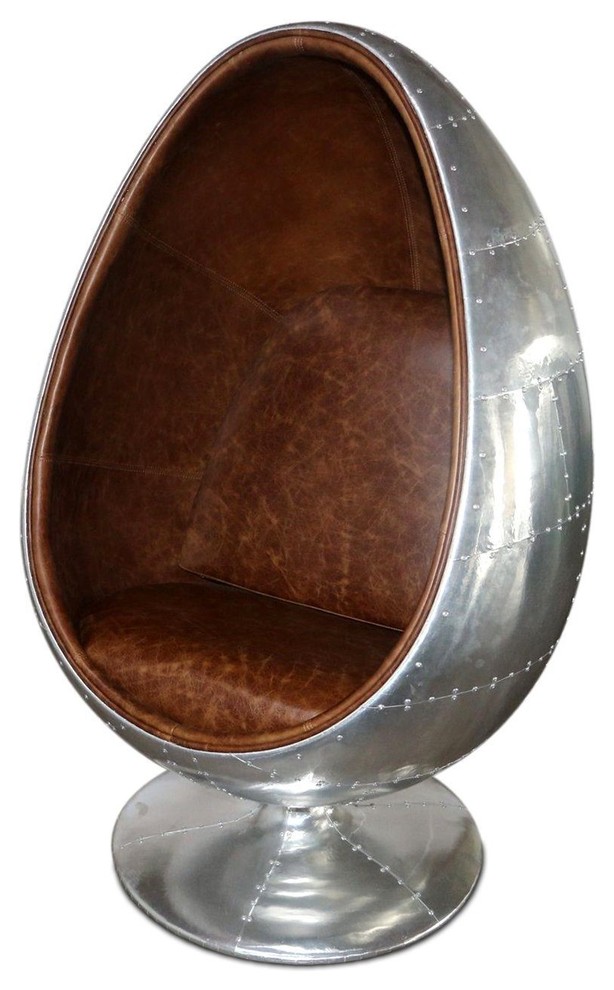 Aviator Egg Pod Easy Chair   Genuine Leather   Polished Aluminum Ovalia   Industrial   Armchairs And Accent Chairs   by Rustic Deco  Houzz