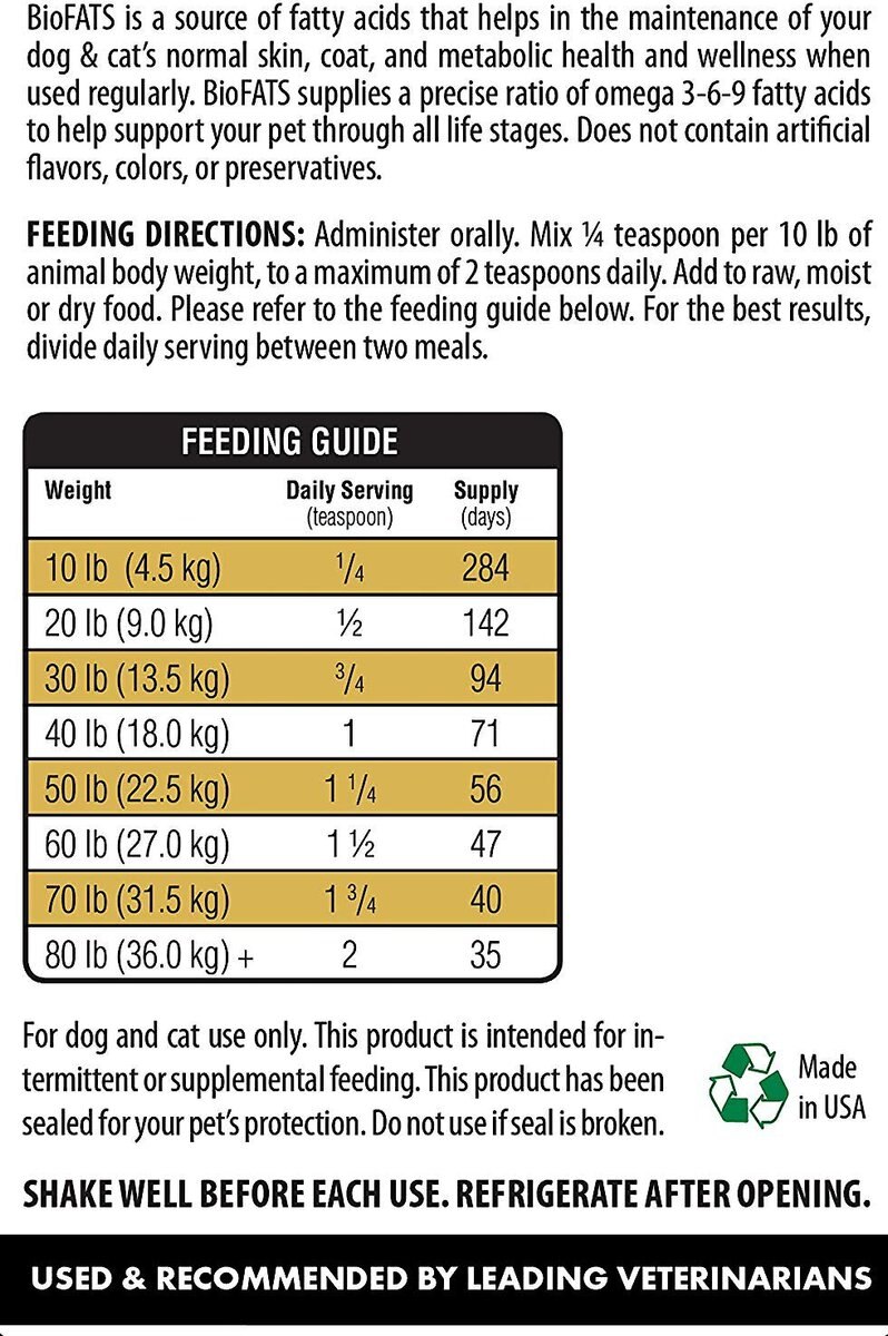 Biologic Vet BIOVET FATS Omega 3-6-9 Fatty Acids Dog and Cat Supplement