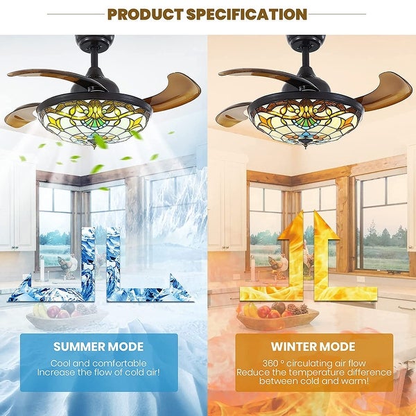 36'' Retractable  Ceiling Fan with Light and Remote Reversible Stained Chandelier Fan with Dimmable LED Light Shopping - The Best Deals on Ceiling Fans | 40911142