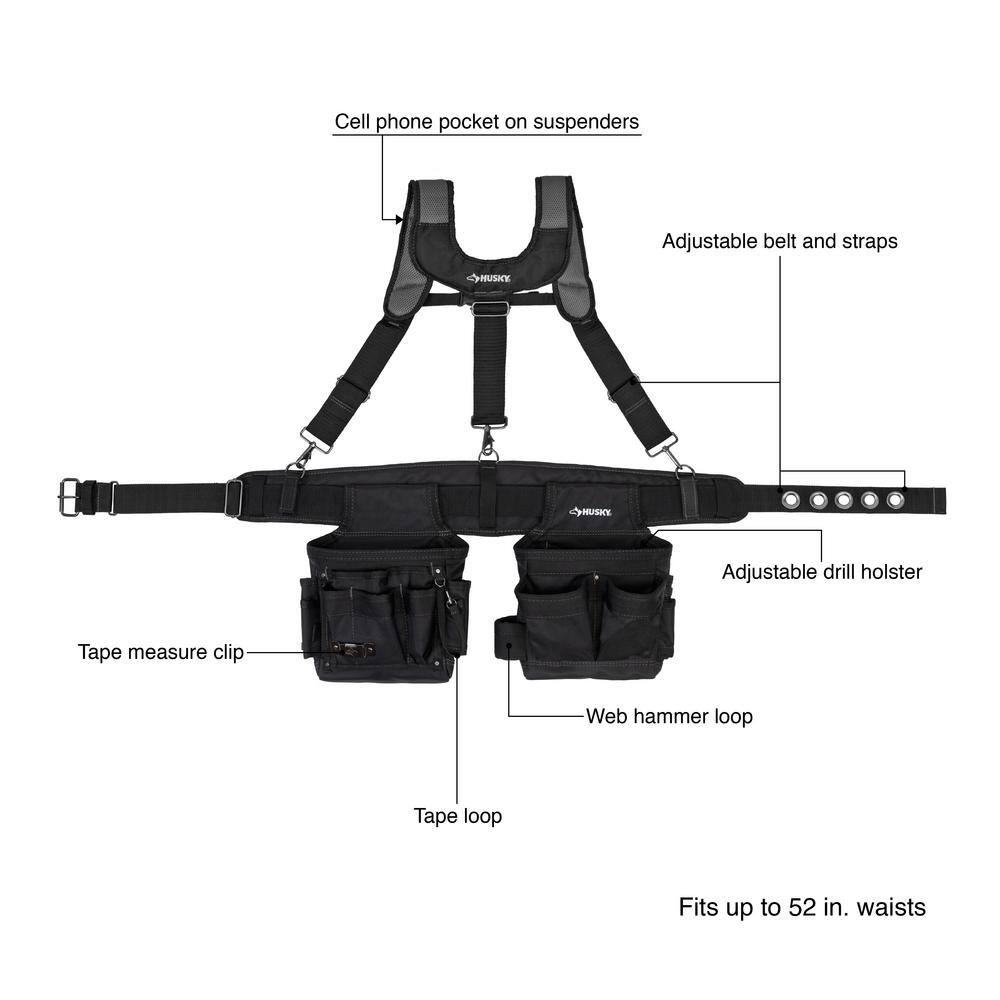 Husky 2-Bag 14-Pocket Black Electricians Suspension Rig Work Belt with Suspenders HD00146