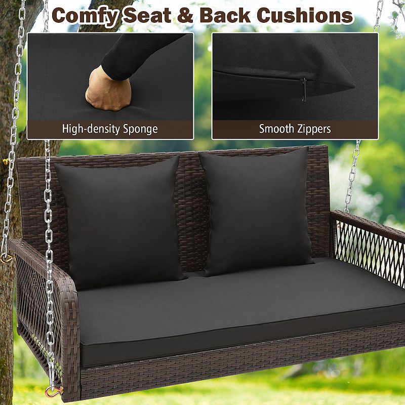 2-person Outdoor Wicker Porch Swing With Seat And Back Cushions