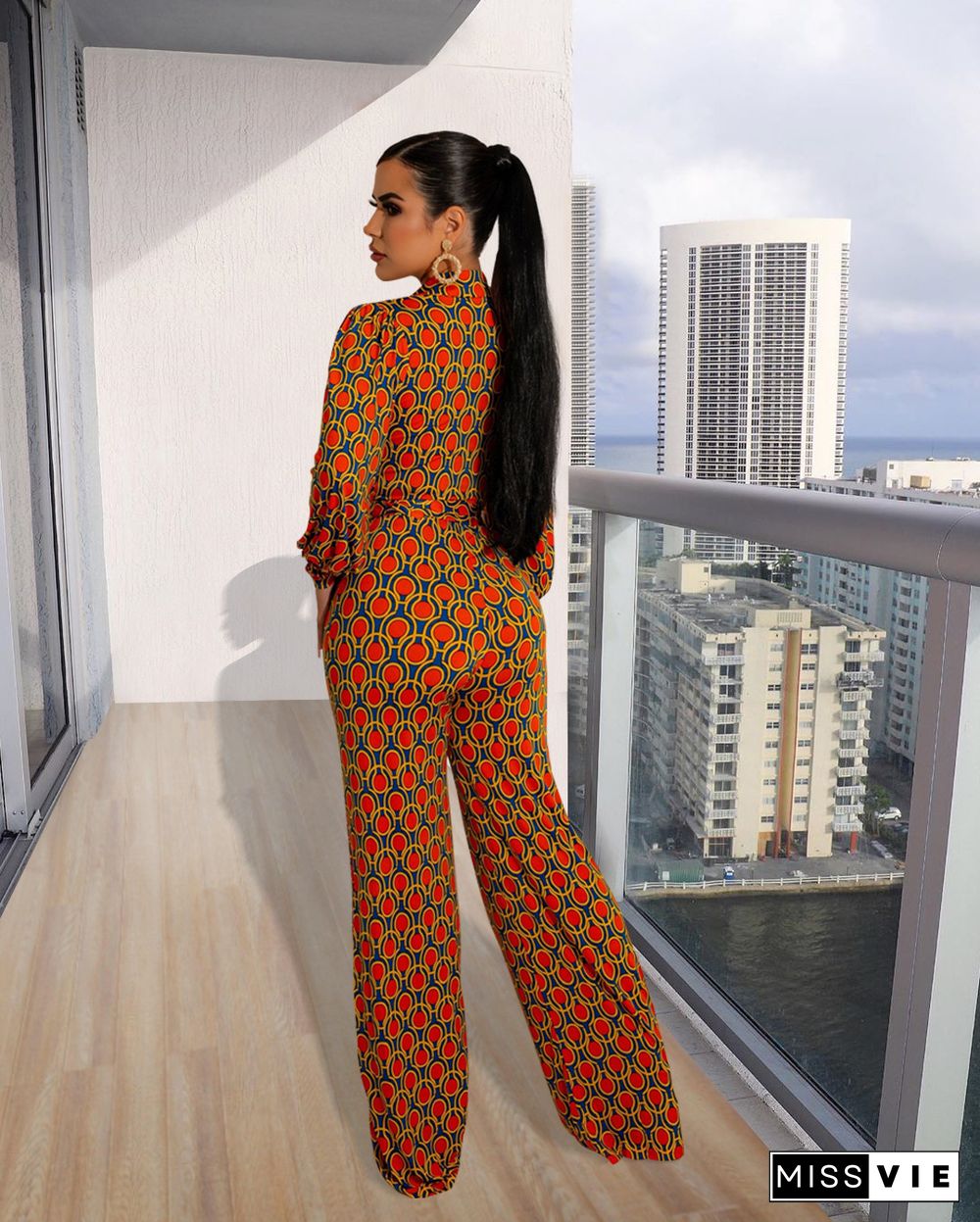 Deep V Long Sleeve Print Wide Leg Jumpsuits