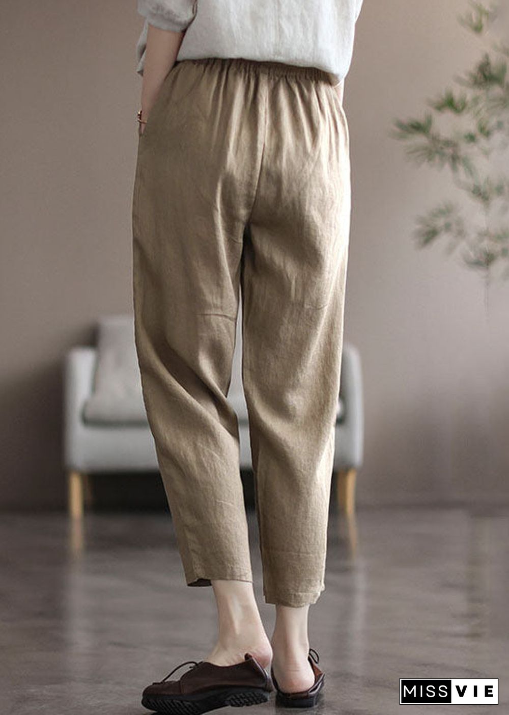 Khaki Pockets Linen Harem Pants High Waist Summer