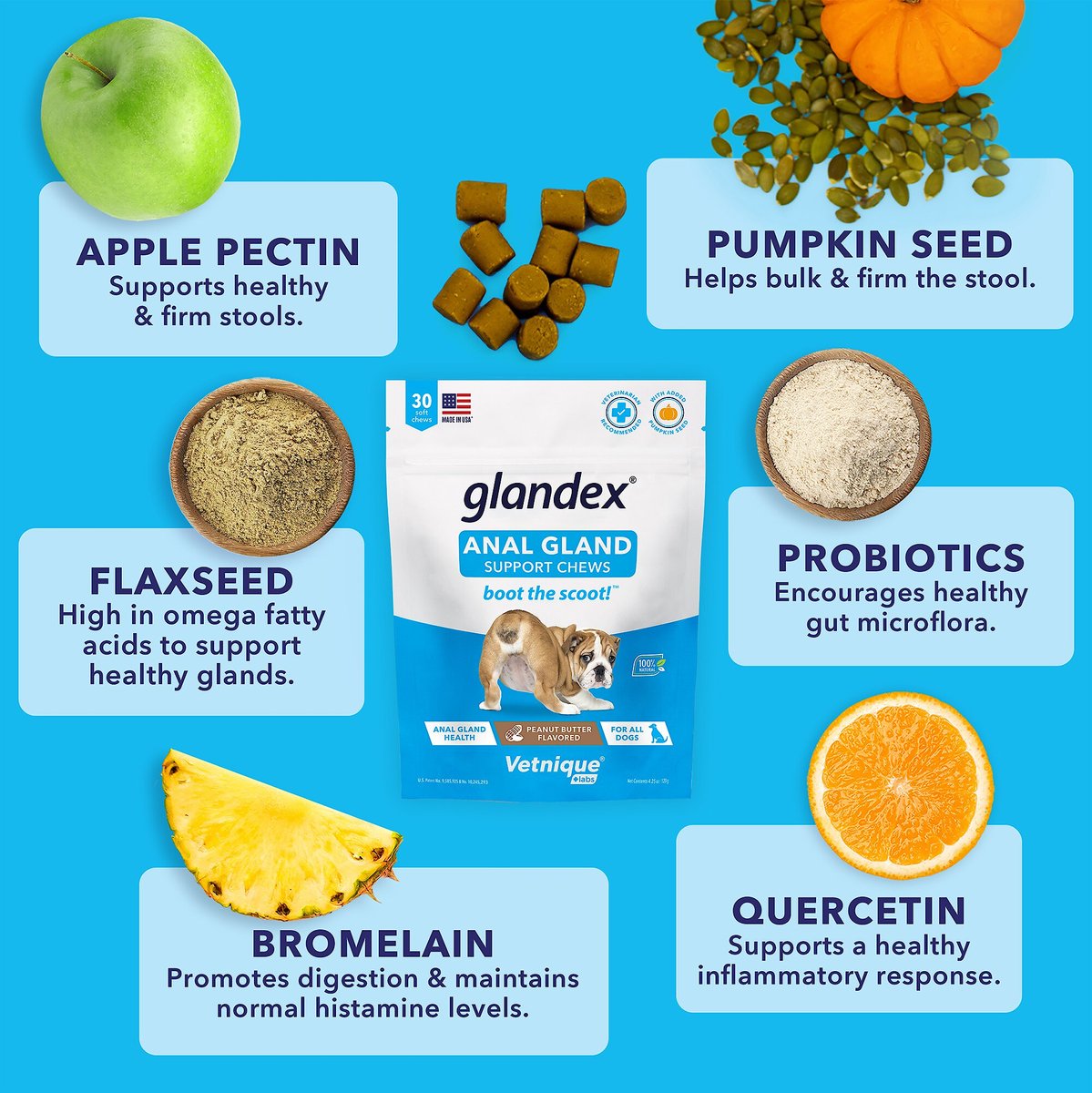 Vetnique Labs Glandex Anal Gland and Probiotic Pork Flavored Pumpkin Fiber and Digestive Soft Chew Dog Supplement