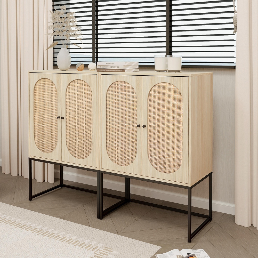 Set of 2 Rattan High Cabinets with 2 Doors and Adjustable Shelf