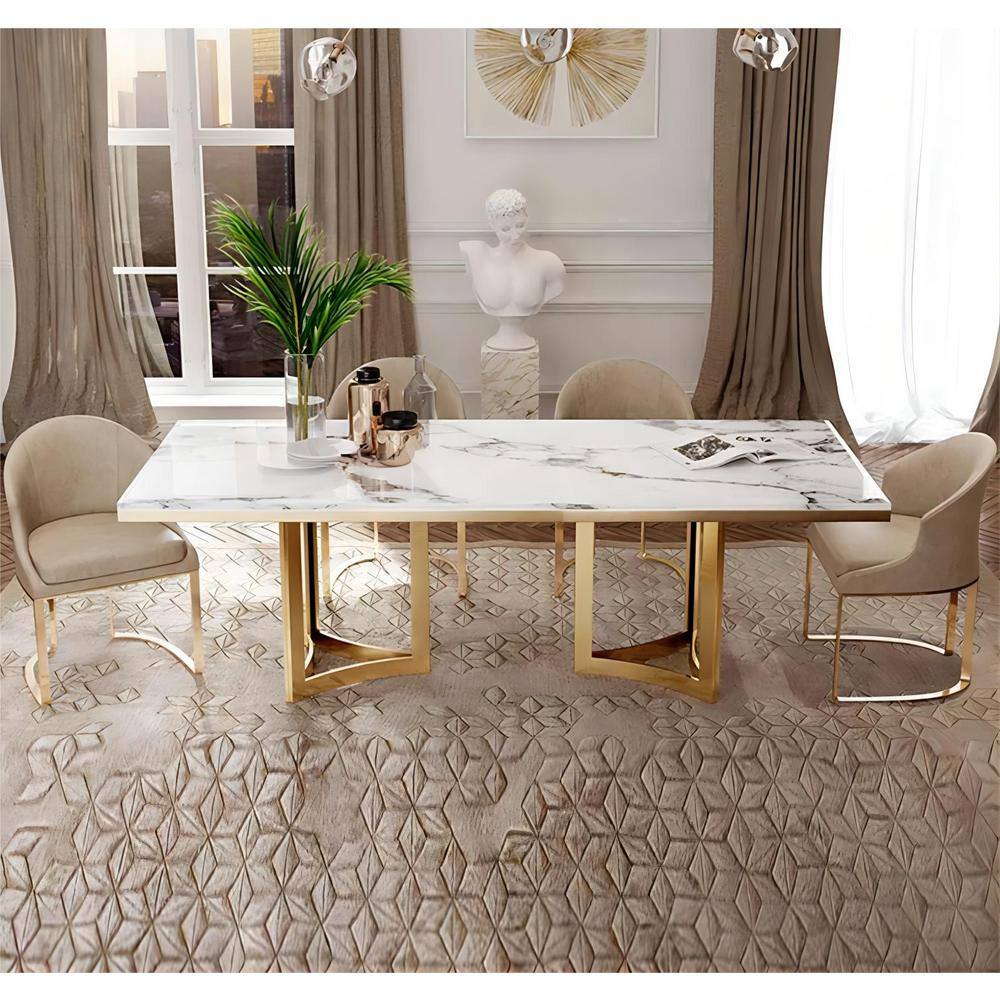 FORCLOVER 71 in. Rectangular Luxury White Marble Modern Dining Table wGold Stainless Legs for Kitchen and Dining Room (Seats 8) MONMUCF-05