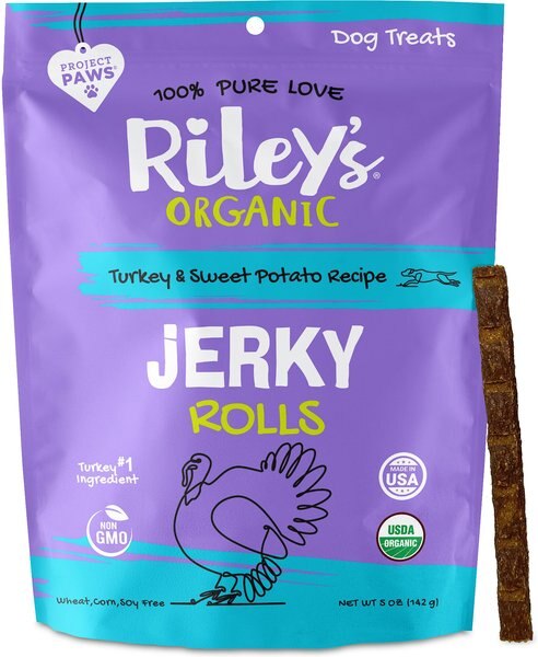 Riley's Organic Jerky Rolls Turkey and Sweet Potato Dog Treats， 5-oz pouch