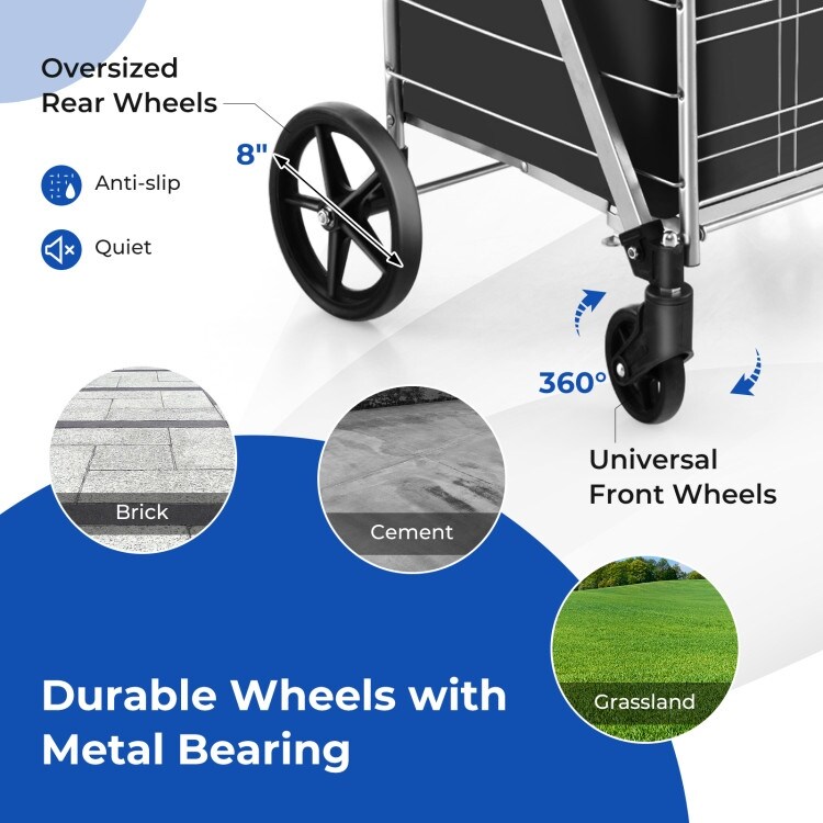 Folding Shopping Cart with Waterproof Liner Wheels and Basket Silver   26\