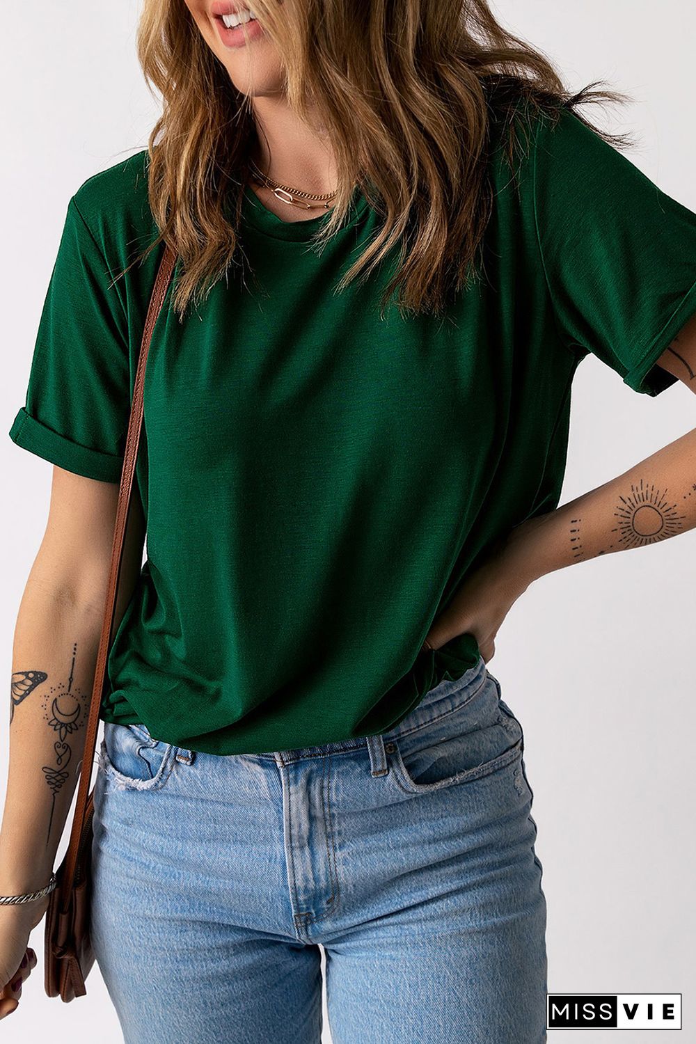 Green Solid Color Crew Neck Tee