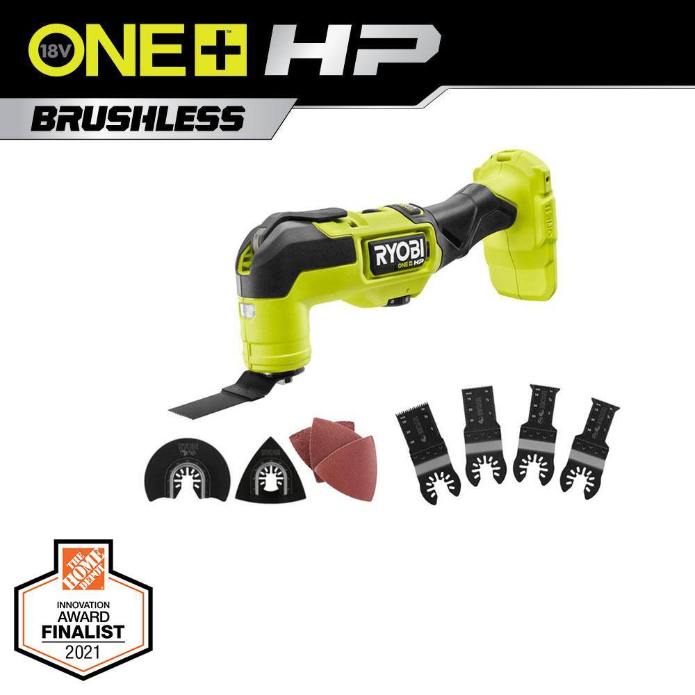 RYOBI ONE+ HP 18V Brushless Cordless Multi-Tool (Tool Only) with 4-Piece Wood and Metal Oscillating Multi-Tool Blade Set PBLMT50B-A24402