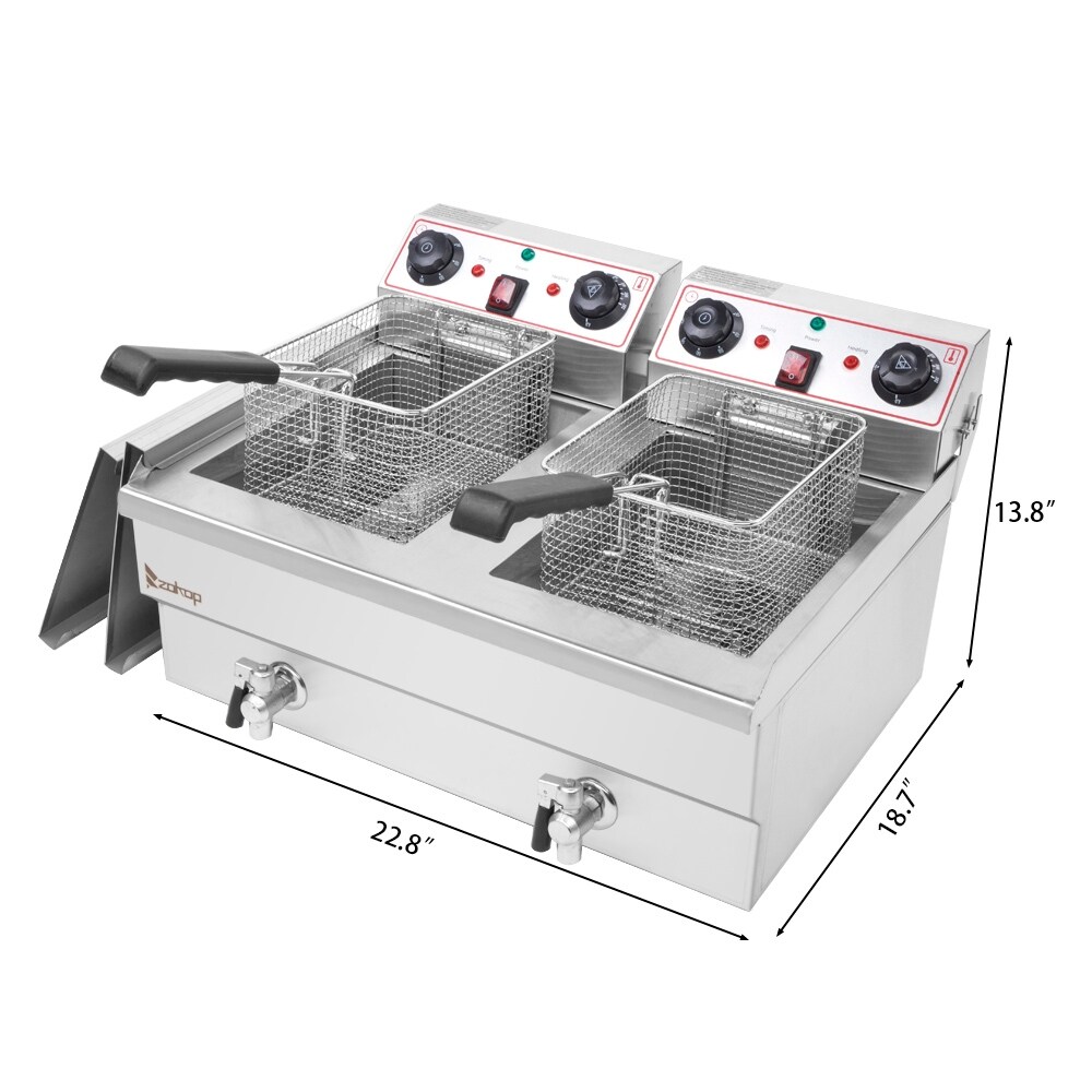 24.9QT 3400W MAX Electric Deep Fryer Dual Tanks Stainless Steel w/ Timer and Drain French Fry