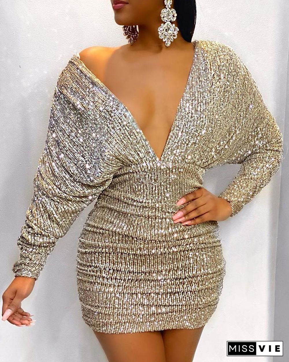 Ruched V-Neck Backless Bodycon Sequin Dress