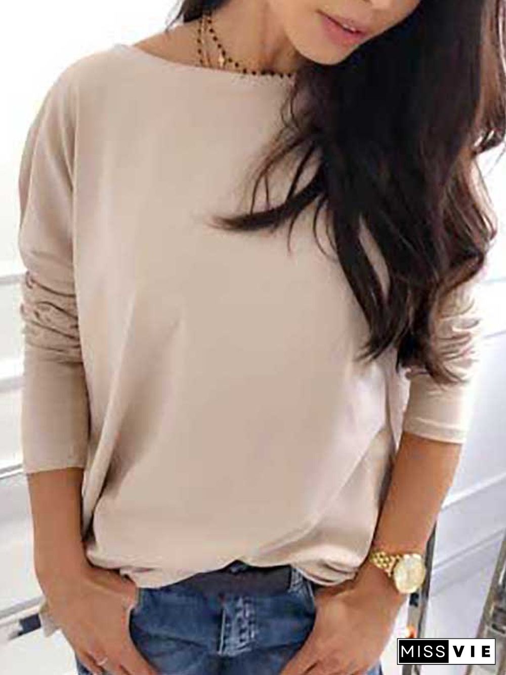 Casual Plain Autumn Micro-Elasticity Loose Jersey Standard H-Line Regular Size T-shirt for Women