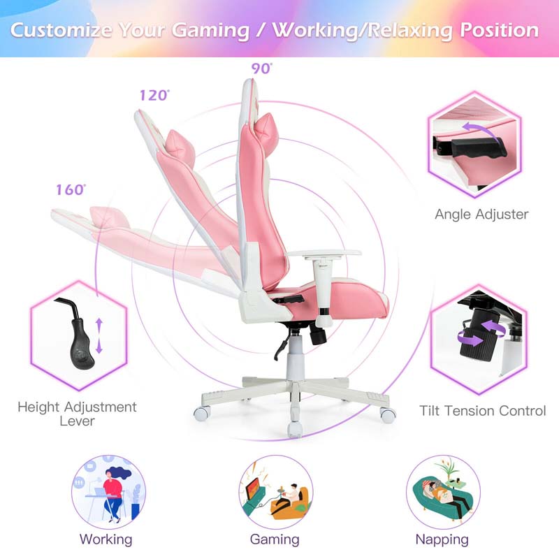 Pink Gaming Chair Recliner, High Back Ergonomic PC Racing Chair, Fully Adjustable Swivel Office Chair with Headrest & Lumbar Support