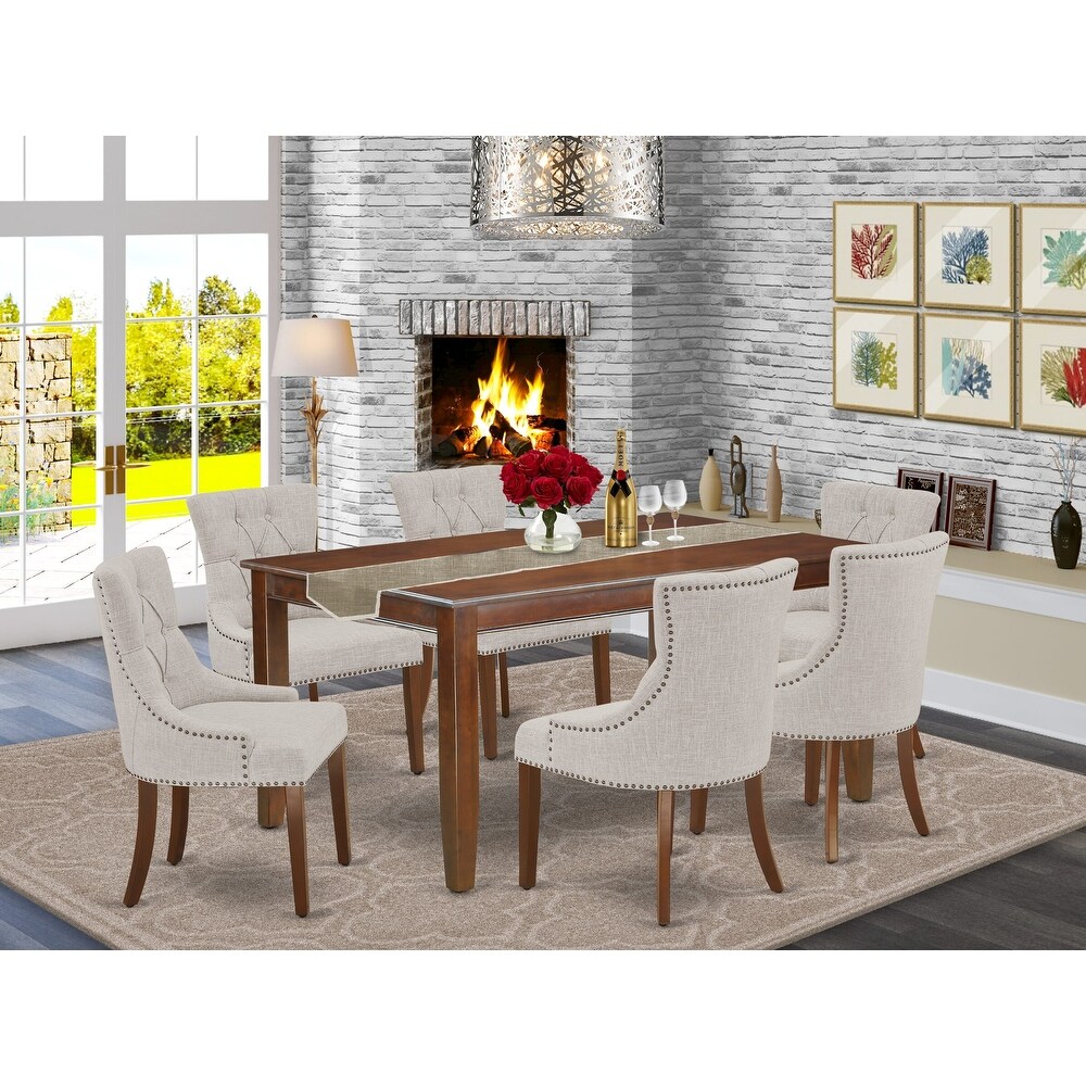 East West Furniture Kitchen Table Set  a Rectangle Dining Table and Linen Fabric Parson Chairs  Mahogany(Pieces Option)