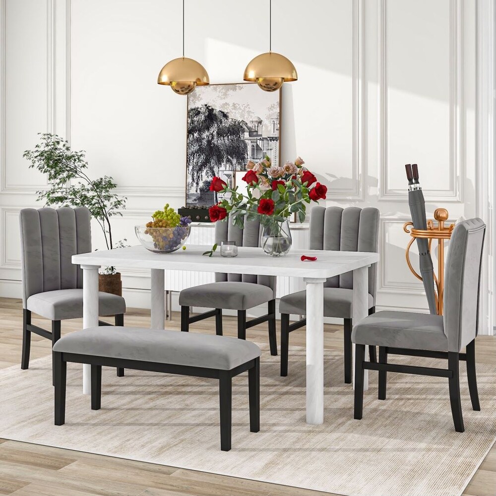 6 Piece Dining Table Set with Marble Veneer Table and 4 Upholstered Chairs   Bench