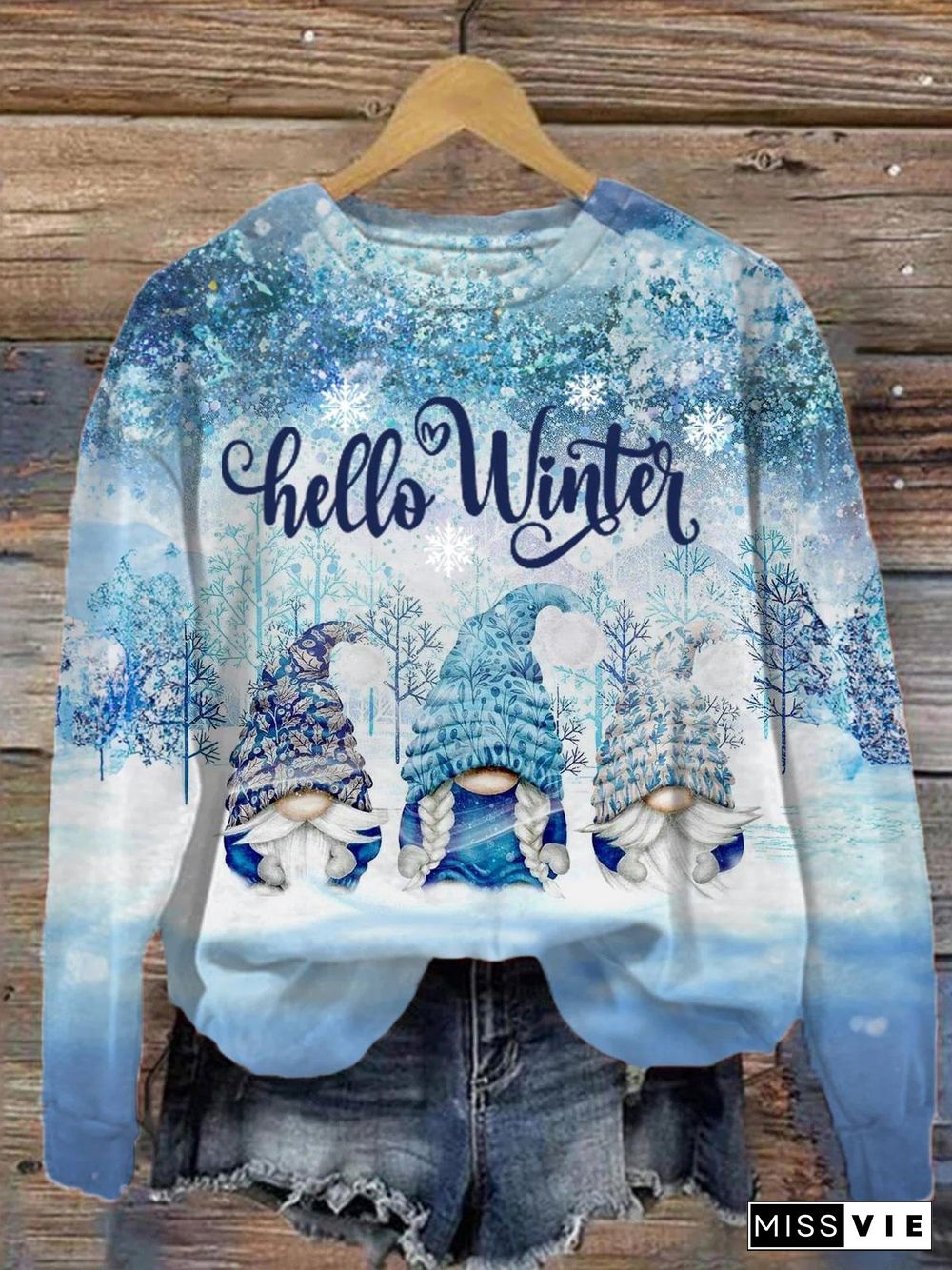 Women's Vintage Christmas Hello Winter Gnomes Print Sweatshirt