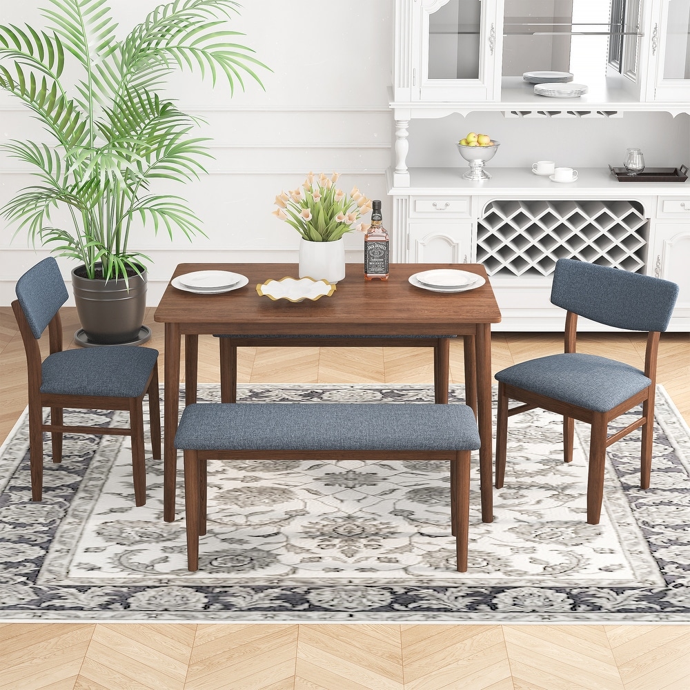 Modern Dining Table Set with 2 Benches and 2 Chairs Fabric Cushion for 6  Rubber wood Kitchen Dining Table