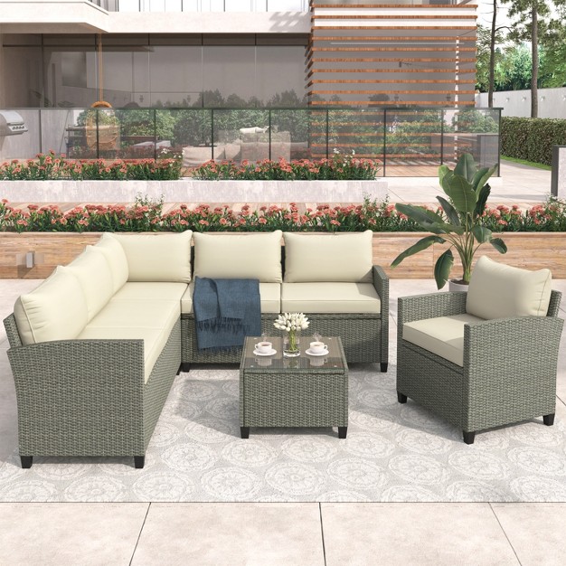 5 piece Outdoor Conversation Set With Coffee Table Cushions And Single Chair modernluxe