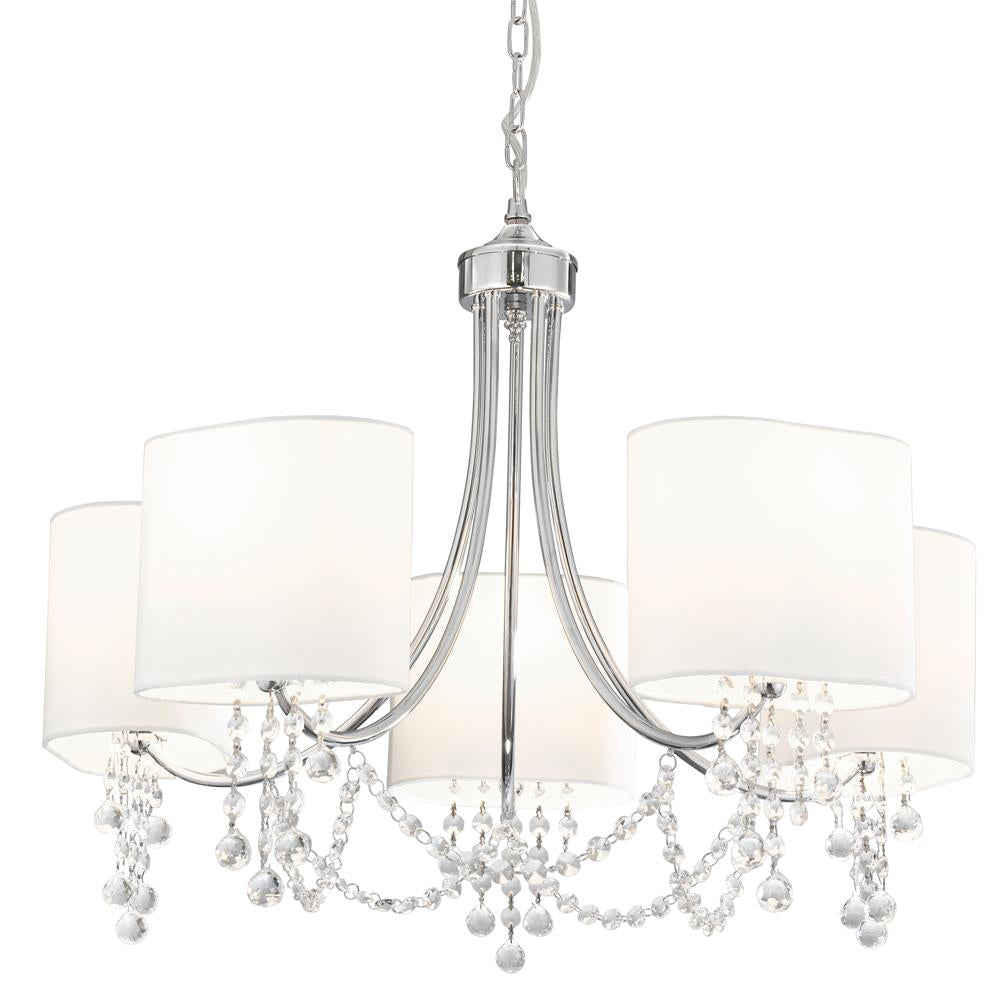 Searchlight 1055-5CC Nina Polished Chrome 5 Lamp Pendant Light with White Shades & Crystal Drops