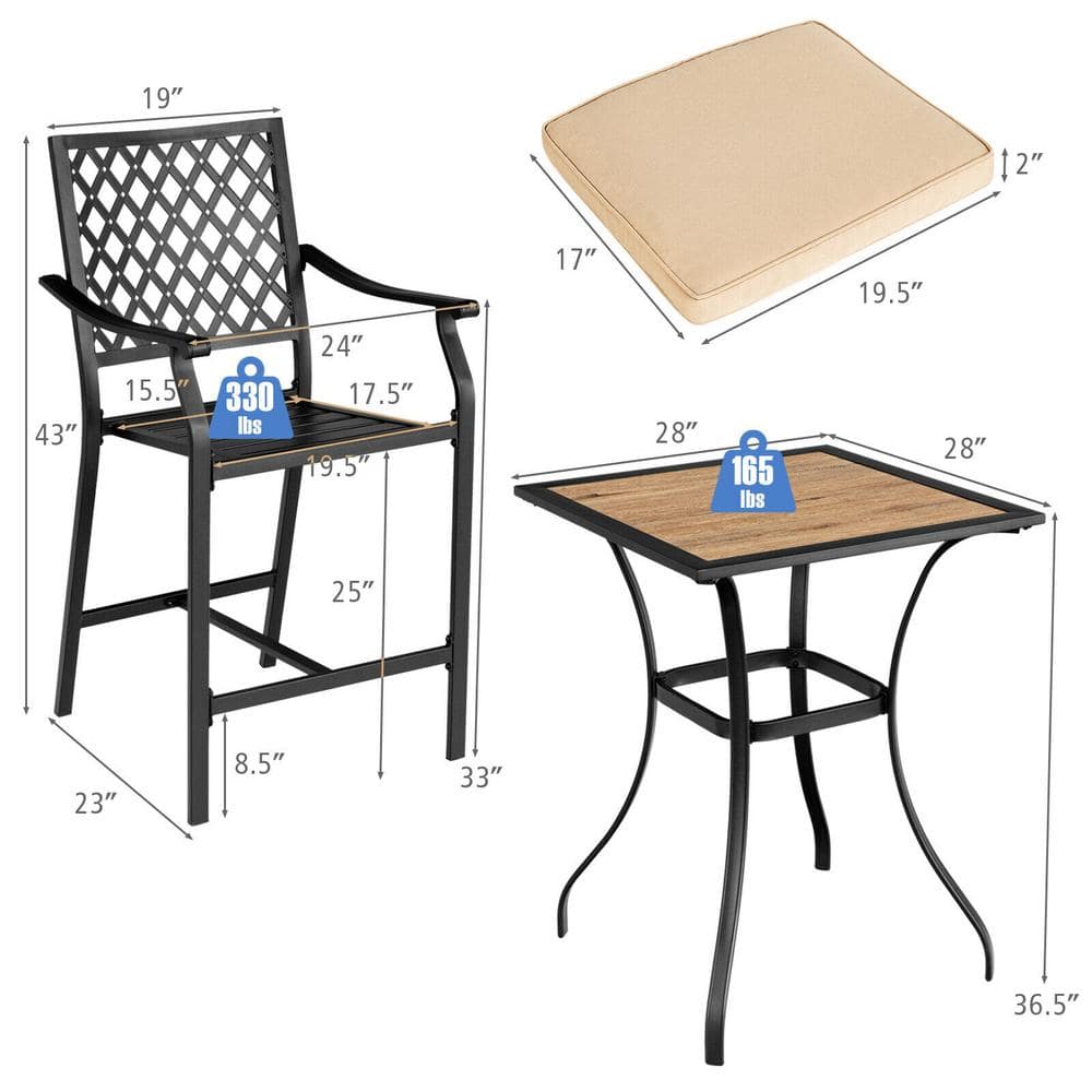 ANGELES HOME 3-Pieces Metal Outdoor Bar with 2 Bar Stools and 1 Square Table 8CK7-10NP139+