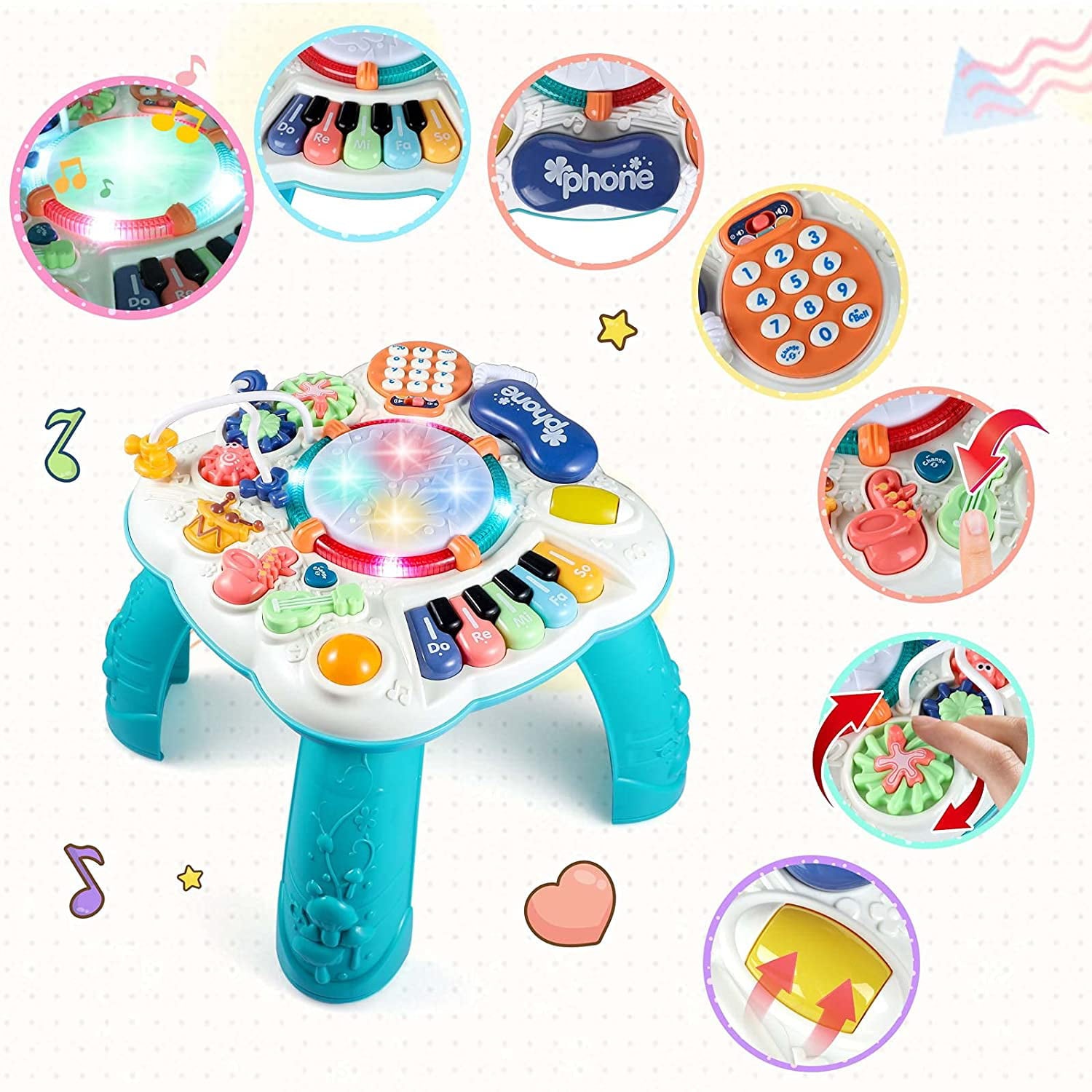 UISHUS Baby Toys, Activity Table for Baby 6 to 12-18 Months, Learning Musical Toddler Toys for 1 2 3 Year Old Boys Girls Gifts