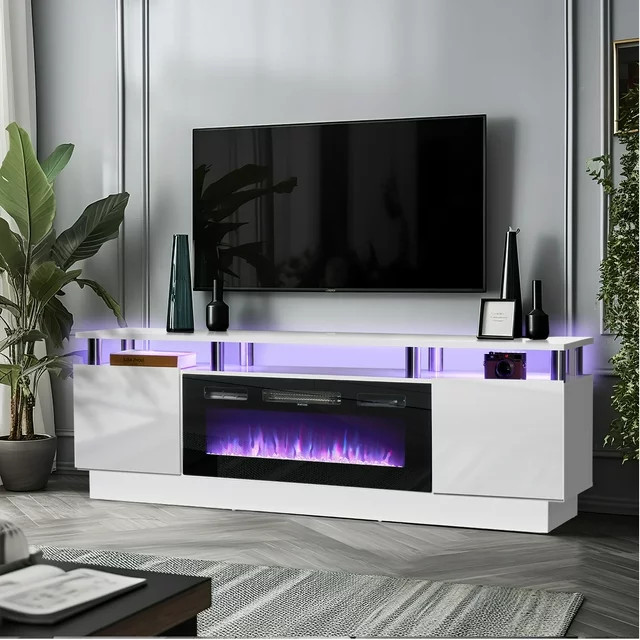 Modern Entertainment Center  Fireplace  ampOpen Shelves With LED Lighting   Modern   Entertainment Centers And Tv Stands   by Declusia  Houzz