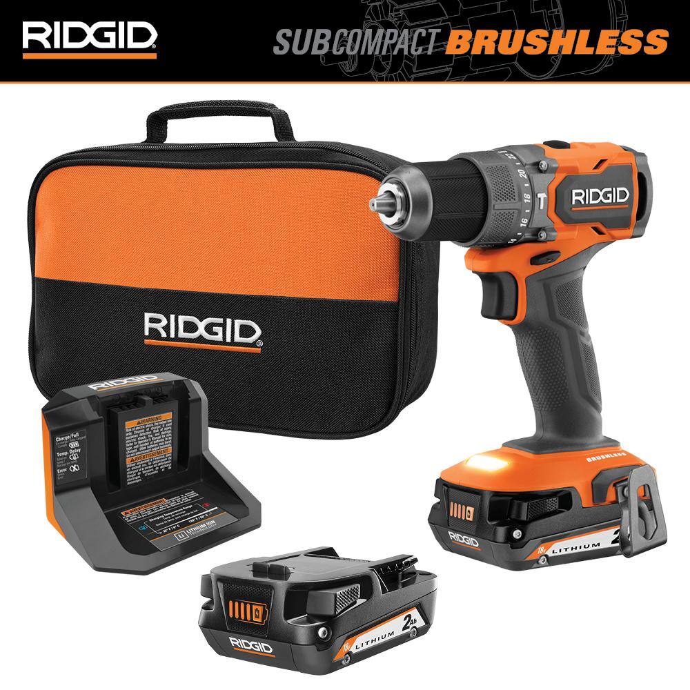 RIDGID 18V SubCompact Brushless Cordless 12 in. Hammer Drill Kit with (2) 2.0 Ah Batteries Charger and Bag R87112K