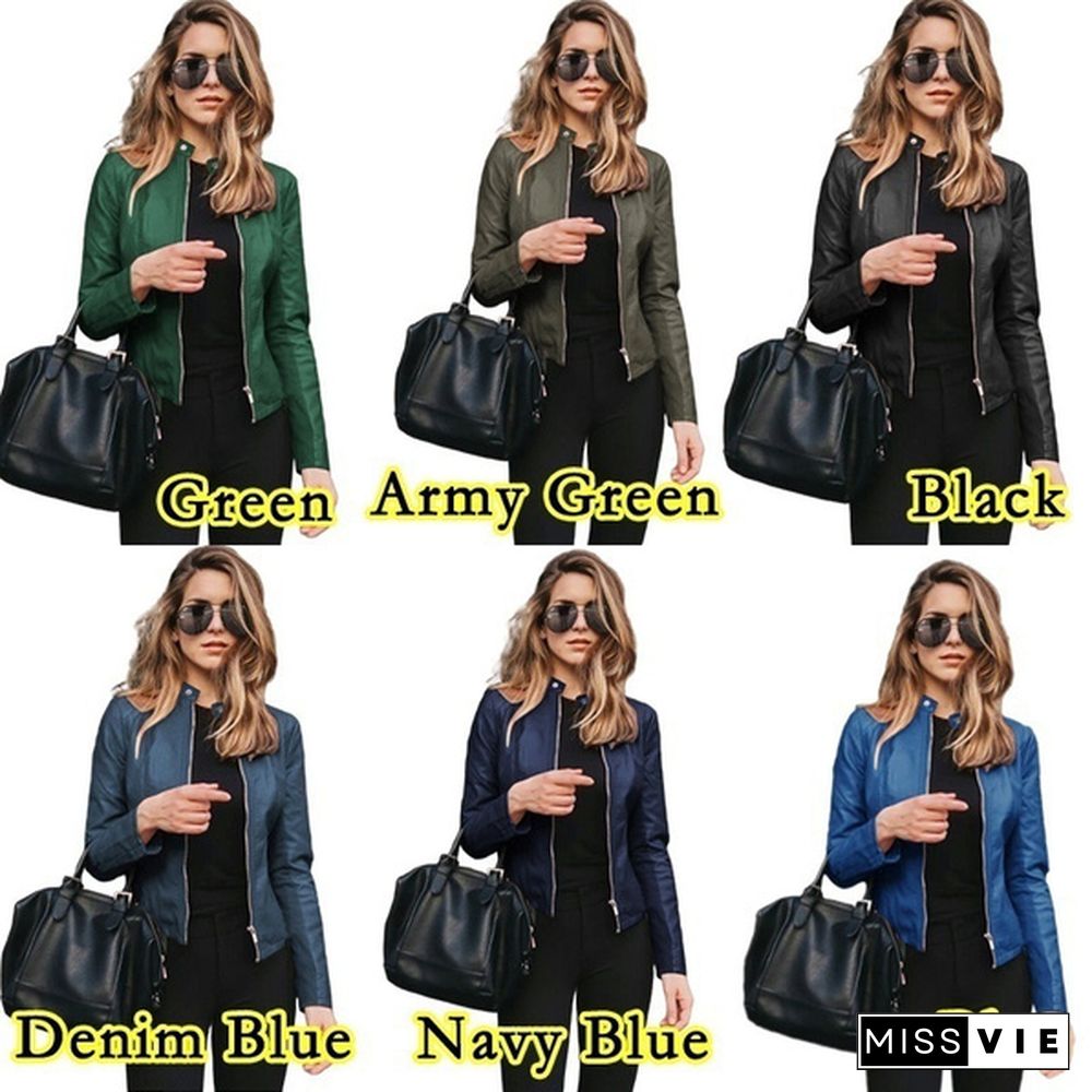 New Women Spring Autumn Casual Zipper PU Leather Soft Stand Collar Motorcycle Leather Jacket Coat Fashion Streetwear Lady Slim Fit Thin Jacket