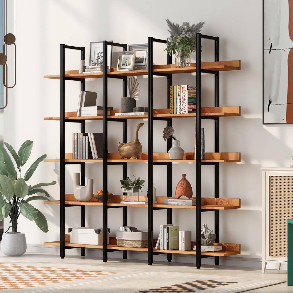 aisword Vintage Industrial 5 Tier Ladder Bookcase Open Bookshelf MDF Board Black Metal Frame - Black Frame Brown Board WF30093PBH5AAB