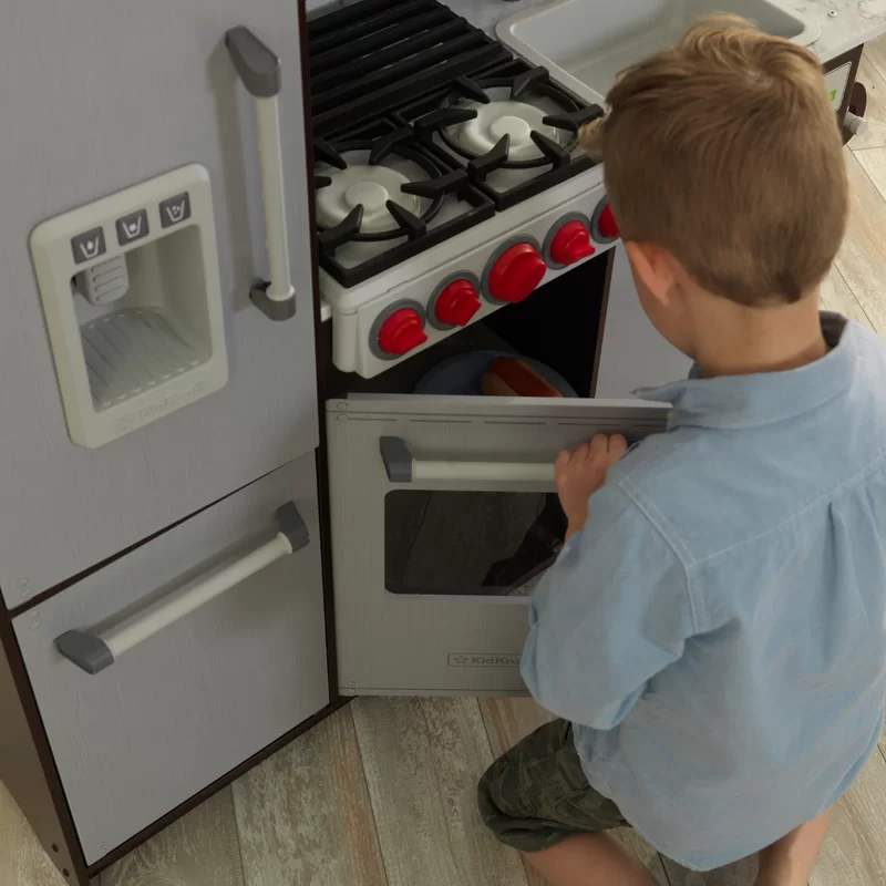 KidKraft Uptown Elite Espresso Play Kitchen with EZ Kraft Assembly™， Lights and Sounds， Working Ice Maker and Click and Turn Knobs， Gift for Ages 3+