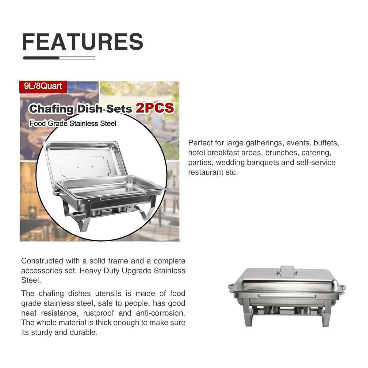 9L/9.5Q 2pcs Chafing Dish Sets Chafer Dish Stainless Steel Pans Full Size Rectangular