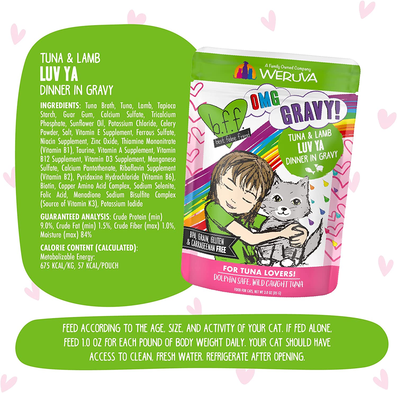 Weruva B.F.F. OMG - Best Feline Friend Oh My Gravy!， Tuna and Lamb Luv Ya with Tuna and Lamb in Gravy Cat Food， 3oz Pouch (Pack of 12)